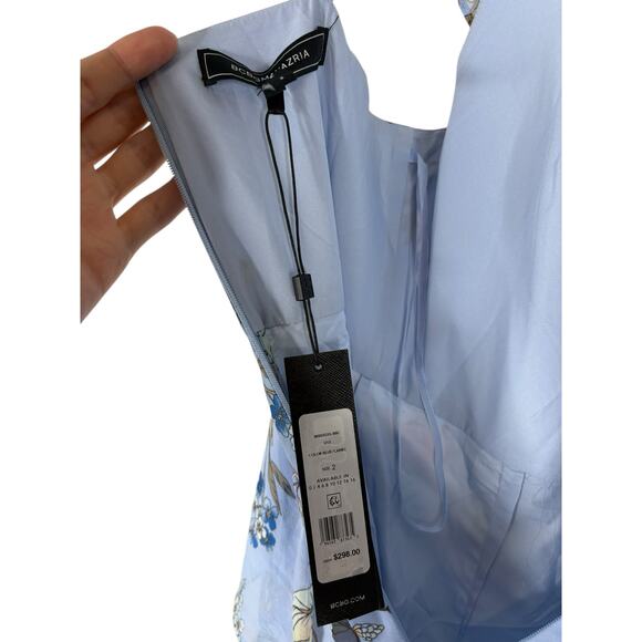 BCBGMAXAZRIA Asymmetric Midi Dress Tiered Ruffle Floral Party Garden Hoco Blue 2 - Picture 7 of 10